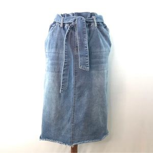 Hayden Light Blue Denim Tie Waist Paper Bag Midi Skirt Size M